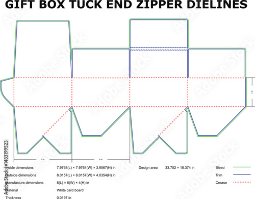 Detailed diagram of a tuck end gift box with zipper and die lines for packaging design