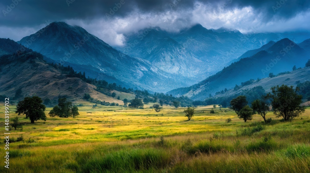 Obraz premium Mystical low fog over rolling green hills