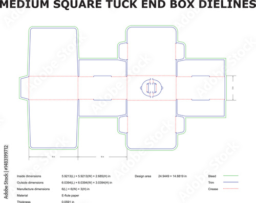 Detailed blueprint illustration of a medium square tuck end box packaging dieline template
