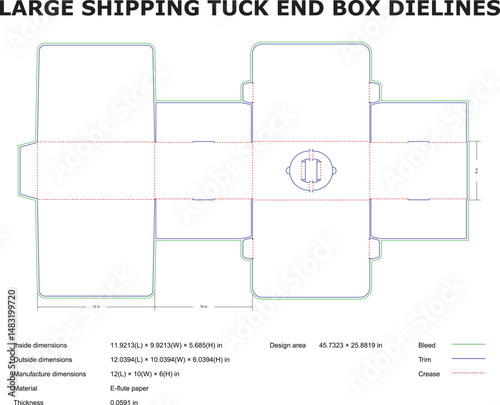 Detailed diagram of a large shipping tuck end box with dielines and specifications