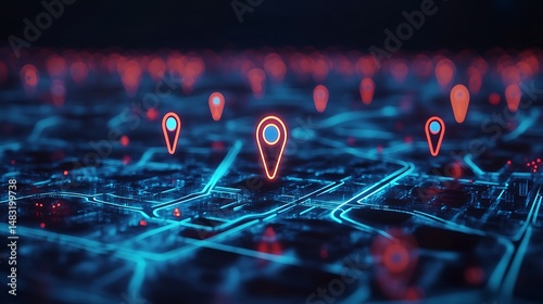 Wallpaper Mural Advanced digital map visualization glowing red GPS pins detailed city layout futuristic technology picture Torontodigital.ca