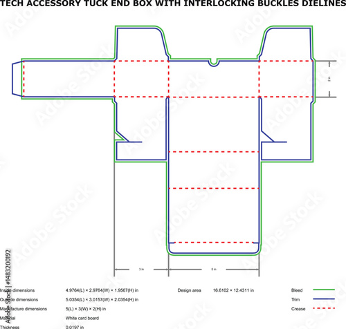Technical illustration of a tuck end box dieline with interlocking buckles for tech accessories