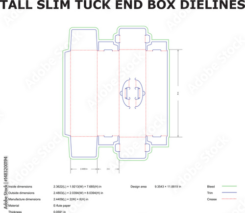 Detailed die cut template of a tall slim tuck end box with measurements and dimensions