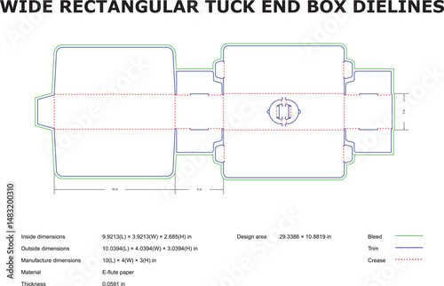 Detailed vector blueprint of a wide rectangular tuck end box die line for packaging designs