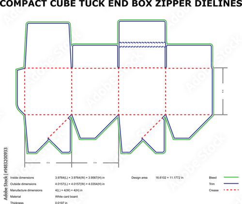 Detailed dieline template for a compact cube tuck end box with zipper feature