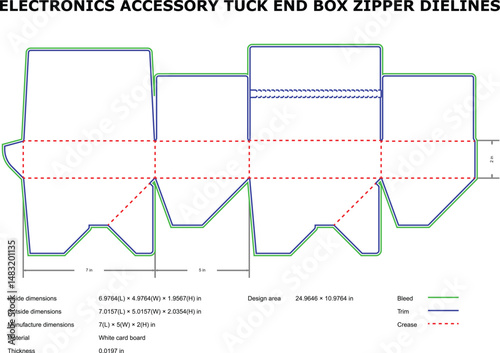 Detailed vector dieline for electronics accessory tuck end box with zipper design