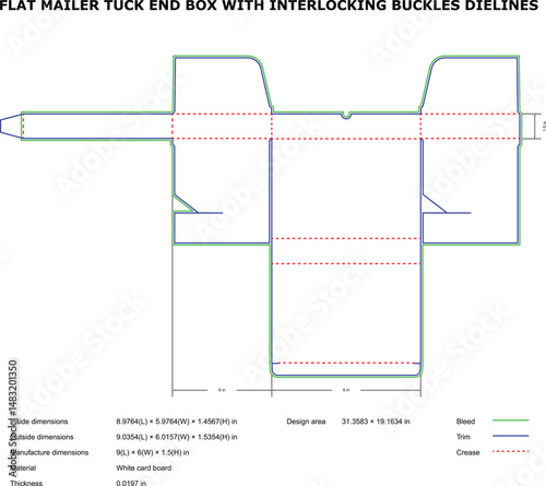 Flat mailer tuck end box packaging template dielines with interlocking buckles ready for printing