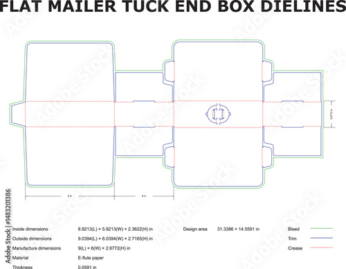 Detailed flat mailer tuck end box dieline template with measurements and specifications