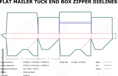 Flat mailer tuck end box zipper dieline template for packaging design and manufacturing