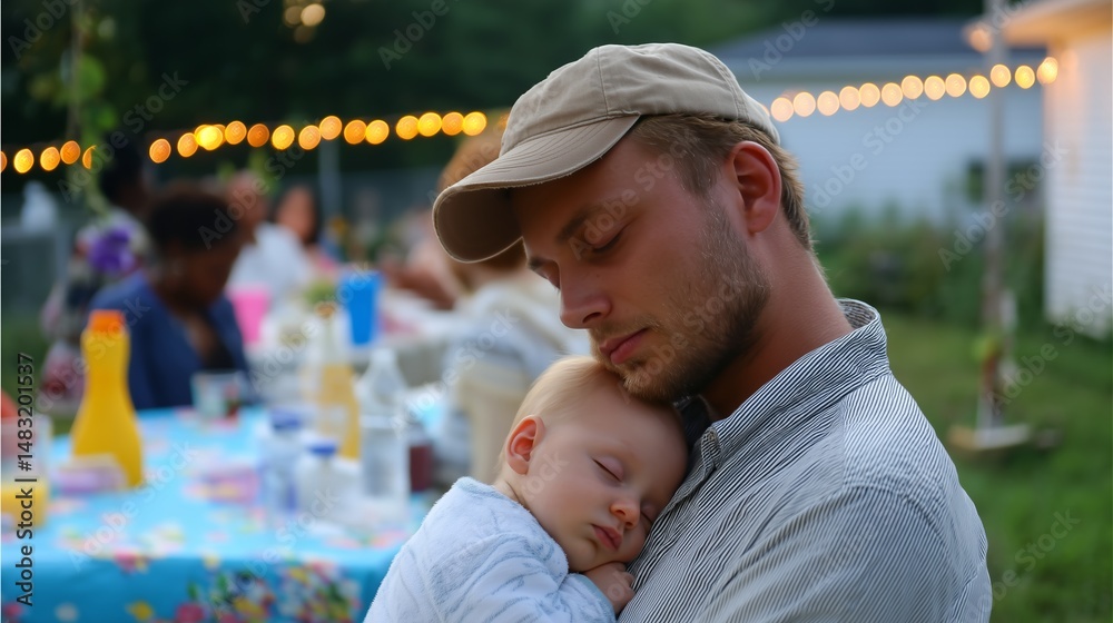 Family gathering at dusk with a father cradling his sleeping baby in a cozy outdoor setting