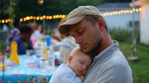 Obraz na płótnie Family gathering at dusk with a father cradling his sleeping baby in a cozy outdoor setting w salonie