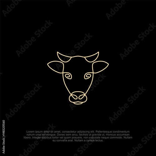 Elegant bovine face composed of golden, sinuous lines set against a backdrop of deep darkness, evoking minimalism and representing agriculture or graphic design styles