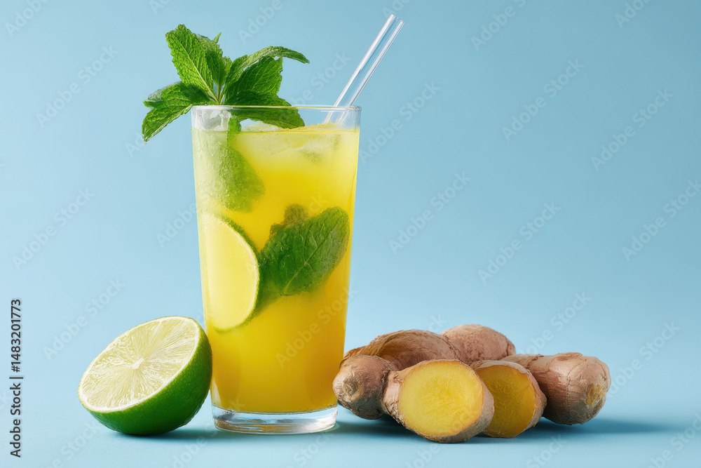 This refreshing drink features lemon and ginger juice, garnished with fresh mint and served over ice. It is accompanied by halved lime and ginger root on a blue background