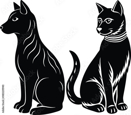 Dog And Cat Silhouette Sitting Side By Side