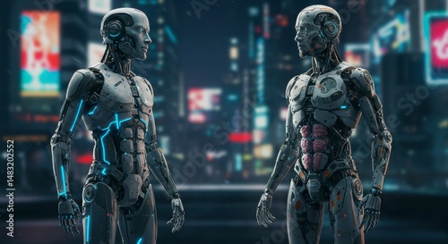 Futuristic robots stand in a vibrant city night