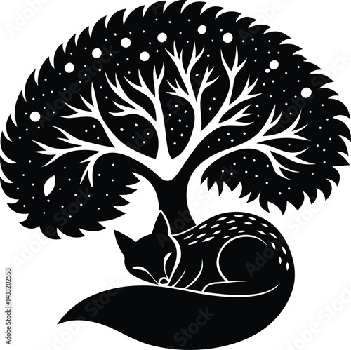 Fox Silhouette Curled Up Sleeping Under A Tree