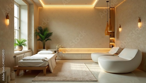 Relaxing spa atmosphere, calm interior with skincare products and elegant decor , cosmetics, towels, bottles