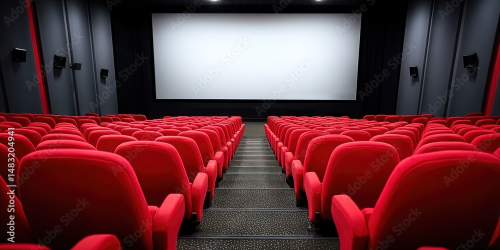 Obraz premium blank screen in empty movie theater with red seats and dark carpet