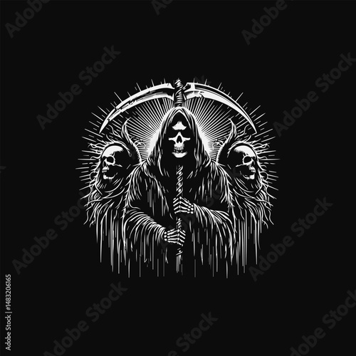 Menacing Grim Reaper gripping sharp scythe with two frightening skull companions vector horror emblem  