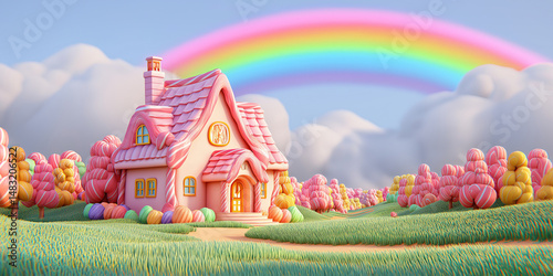 Pink candy house with rainbow and pastel clouds in a dreamy fantasy world
