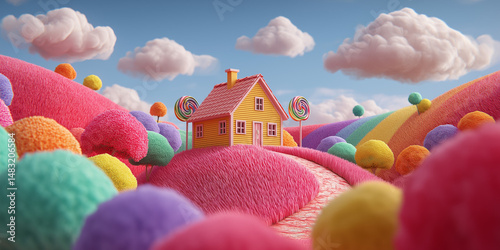 Yellow candy house on fluffy colorful hills with lollipops and blue sky
