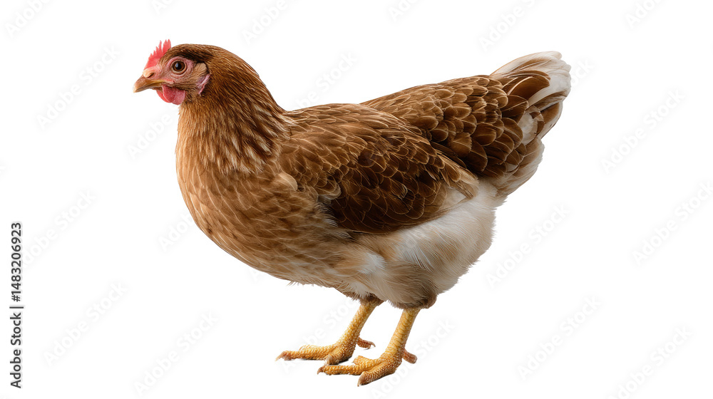 Fototapeta premium Chicken Portrait: A detailed and vibrant portrait of a single, healthy chicken, with its textured plumage, red comb, and bright eyes, perfectly capturing the essence of rural farm life.