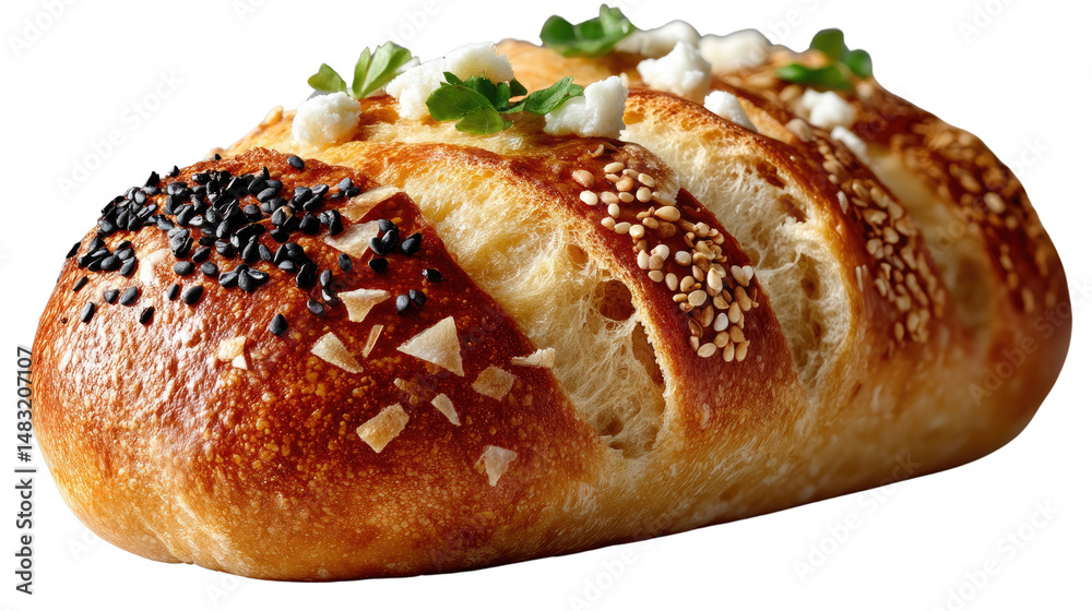 Artisan Loaf: A tantalizing overhead shot presents a beautifully crafted artisan loaf, its crust golden and adorned with various toppings, inviting a sensory experience of deliciousness. Artisan Loaf: A tantalizing overhead shot presents a beautifully crafted artisan loaf, its crust golden and adorned with various toppings, inviting a sensory experience of deliciousness.