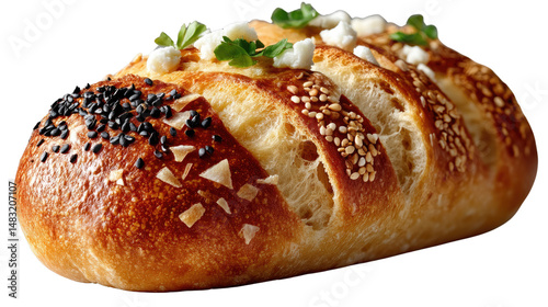 Artisan Loaf: A tantalizing overhead shot presents a beautifully crafted artisan loaf, its crust golden and adorned with various toppings, inviting a sensory experience of deliciousness.