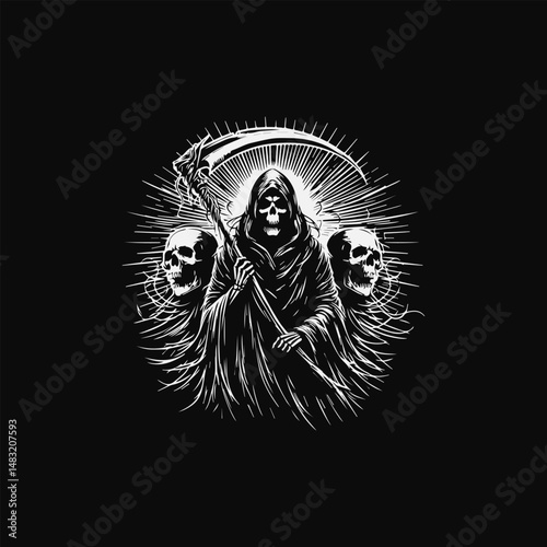 Sinister Grim Reaper with bony hands clutching deadly scythe and two eerie skull figures vector horror icon  