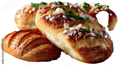 Artisanal Bread Rolls: A trio of freshly baked bread rolls, showcasing intricate textures and appealing golden-brown crusts, are artfully presented.