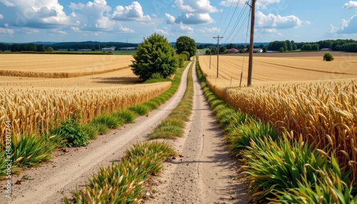 a serene rural landscape. a dirt road cuts through a field of golden wheat, which extends into the distance