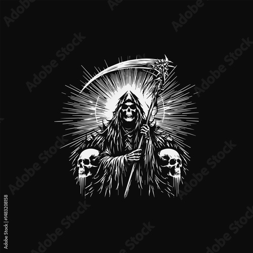 Sinister Grim Reaper with bony hands clutching deadly scythe and two eerie skull figures vector horror icon  