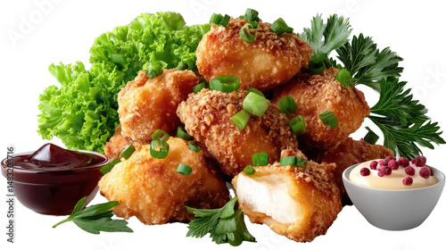 Crispy Chicken Nuggets with Dips: Golden-brown, crispy chicken nuggets, arranged artfully with fresh lettuce, parsley, and two delectable dipping sauces – a rich dark sauce and a creamy pale sauce.