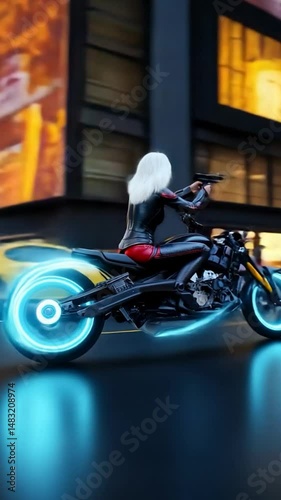 White-haired girl rides a glowing blue motorcycle through New York City at night. Neon lights, fast motion, and futuristic tones blend into an edgy, cinematic urban atmosphere.
