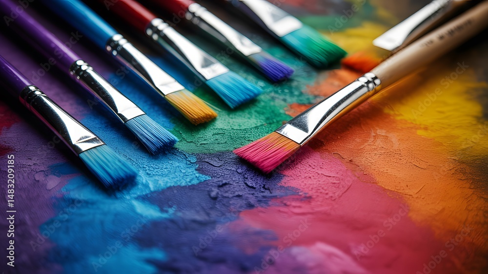 Obraz premium Artistic Paintbrushes Palette with Vibrant Color Bristles on Textured Background CloseUp