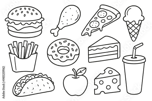 hand-drawn food icons collection, black and white coloring page, bold design. 