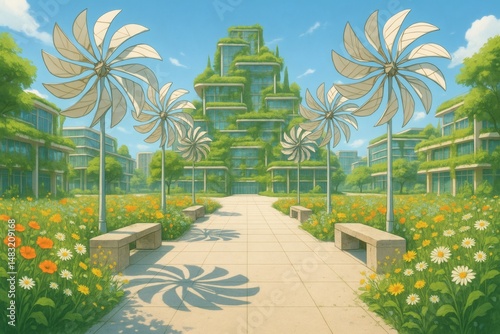 Solarpunk Green Plaza with Wind-Powered Kinetic Sculptures and Wildflowers in Symmetrical Eco-Cityscape