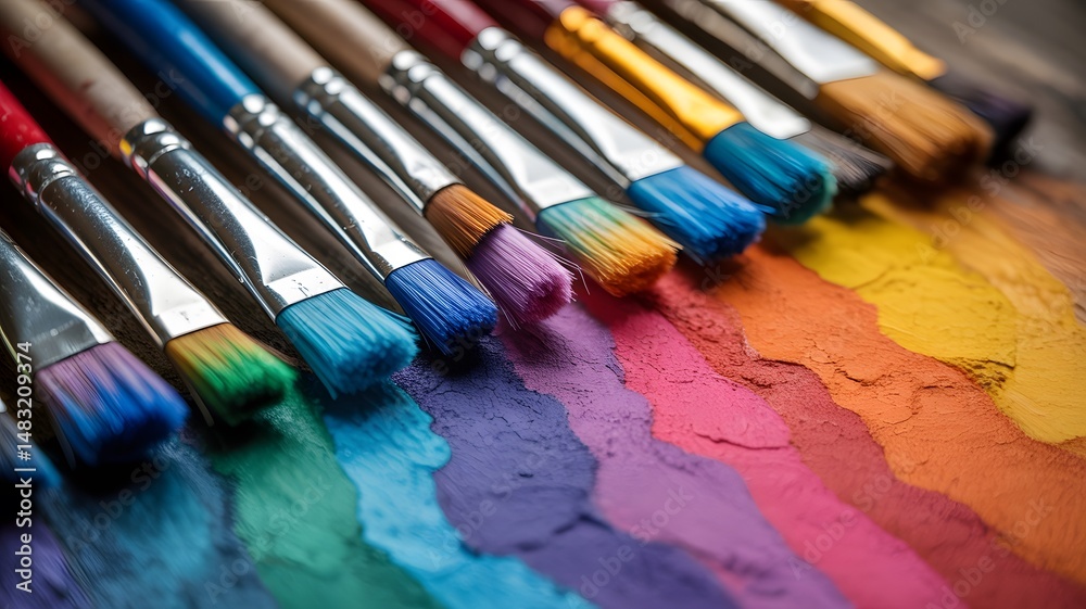 Fototapeta premium Artistic Row of Paintbrushes with Colorful Bristles and Textured Paint Strokes Layout