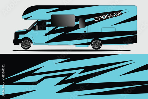 Vibrant Blue and Black RV Design with Dynamic Patterns