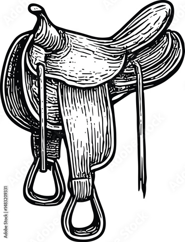 Black-and-white detailed illustration of a Western-style horse saddle with stirrups, straps, and seat, highlighting craftsmanship and traditional equestrian gear