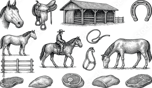 Black-and-white line drawing of a horse with saddle, barn, horseshoe, rope, cow, fence, and hat, symbolizing rural farm life and traditional agricultural tools