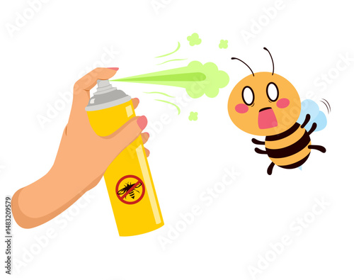 Cartoon illustration of a female hand spraying a large bee, depicting pest control or fear of insects. Humor concept view on common bug encounters