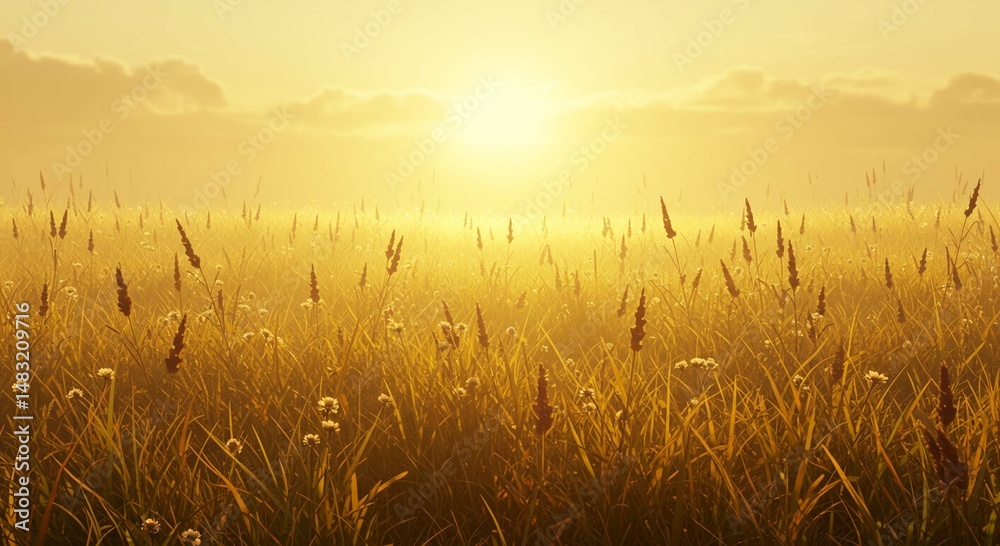 Fototapeta premium Golden Hour Meadow Serene Sunset Landscape with Tall Grass and Wildflowers