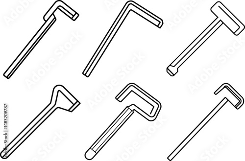 Set of Allen key hex wrench outline vector drawing