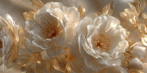 Golden ivory roses with metallic foliage on embossed floral wallpaper design
