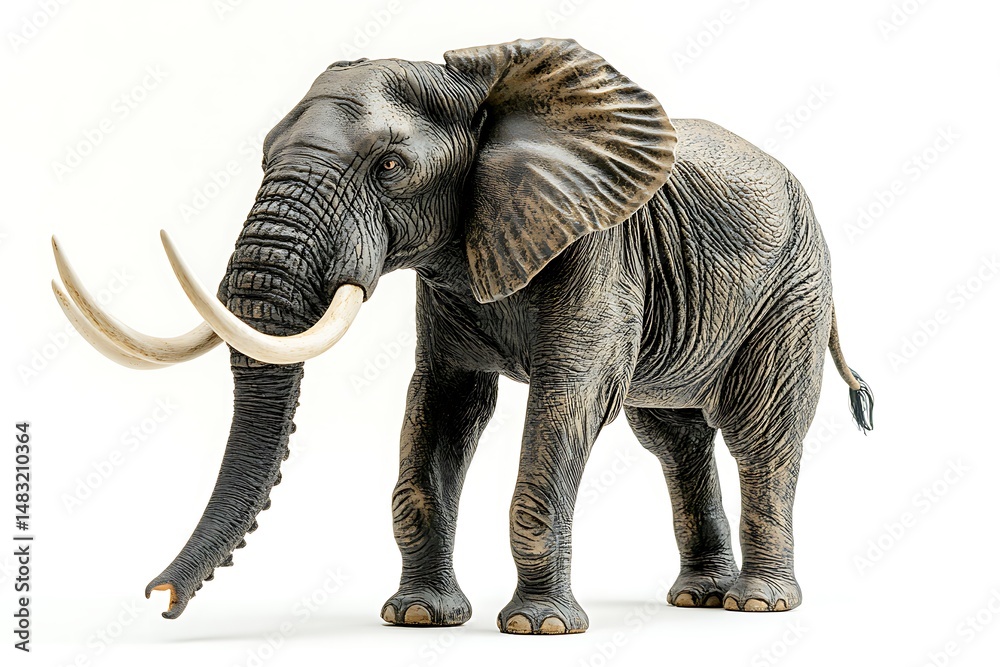 Obraz premium A detailed figurine of an african elephant standing on a white background in a studio setting