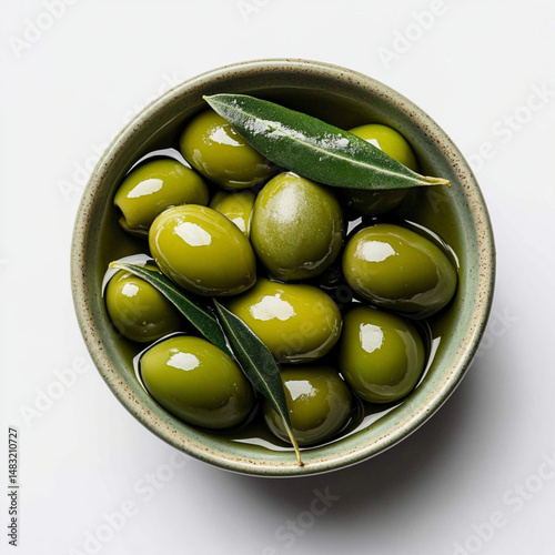 a bowl of pitted green olives, white background 