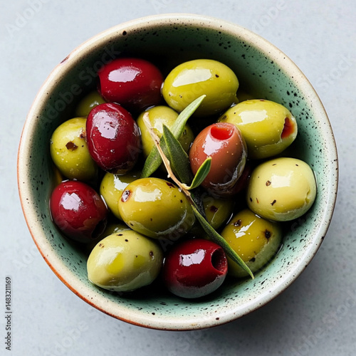 a bowl of pitted green olives, white background 