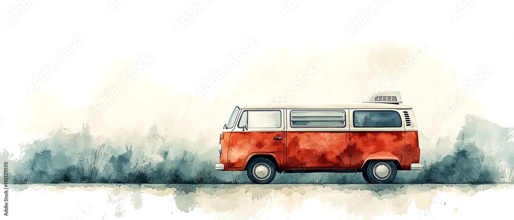 Obraz premium Retro watercolor van on road trip.
