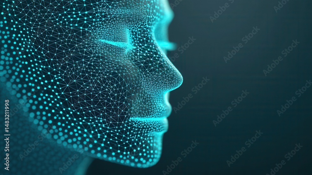 Obraz premium Futuristic digital profile, glowing blue holographic representation of a human face, emphasizes technology and innovation.